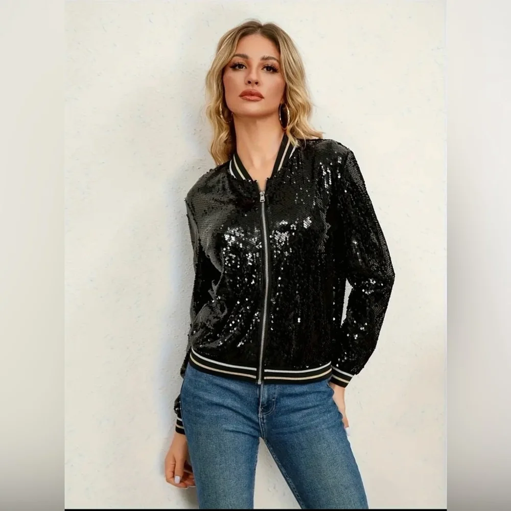 Black Sequins Jacket with Gold and White Fleur De Lis on back - Picture 4 of 6